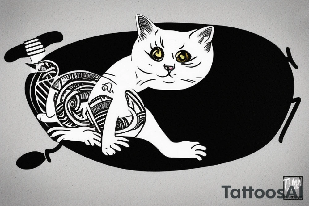 a tuxedo cat loafing on a surfboard that's caught a wave tattoo idea