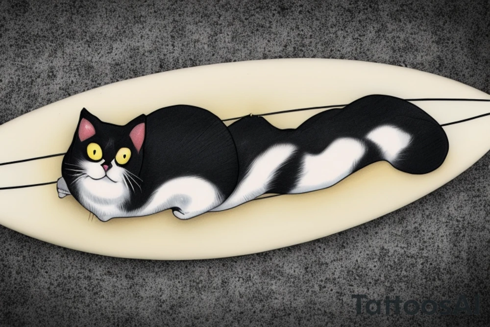 a tuxedo cat loafing on a surfboard that's caught a wave tattoo idea