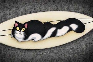 a tuxedo cat loafing on a surfboard that's caught a wave tattoo idea