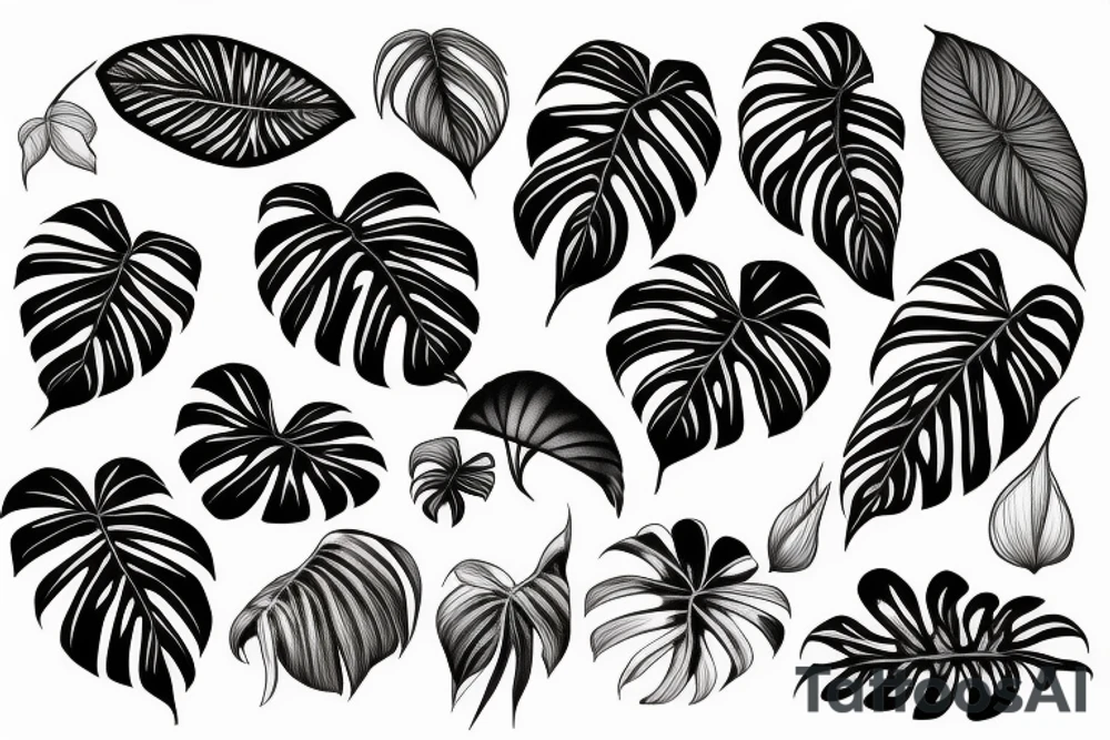 monstera plant black and white linework tattoo idea