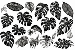 monstera plant black and white linework tattoo idea
