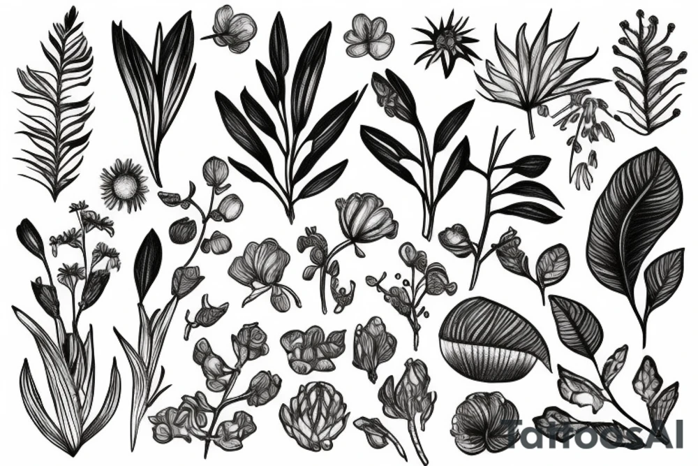 botanical sketchbook of plants tattoo idea