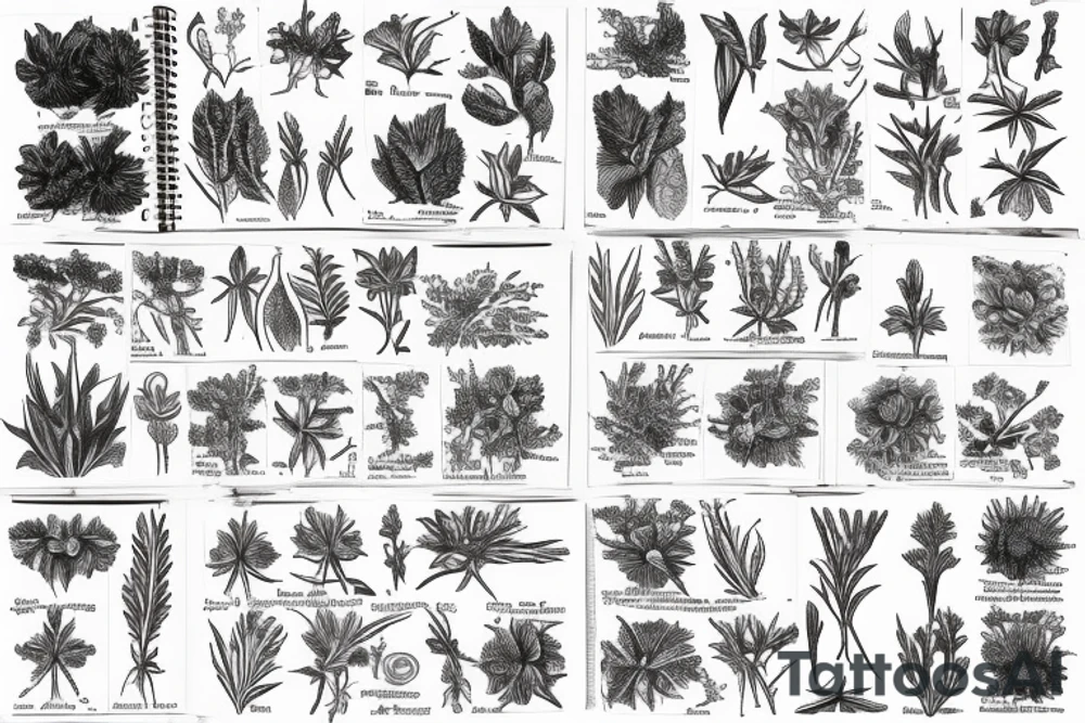 a victorian biology sketchbook with diagrams of plants that are annotated with their names in a handwritten font tattoo idea