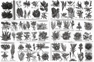a victorian biology sketchbook with diagrams of plants that are annotated with their names in a handwritten font tattoo idea