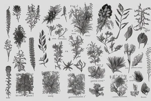 a victorian biology sketchbook with diagrams of plants that are annotated with their names in a handwritten font tattoo idea