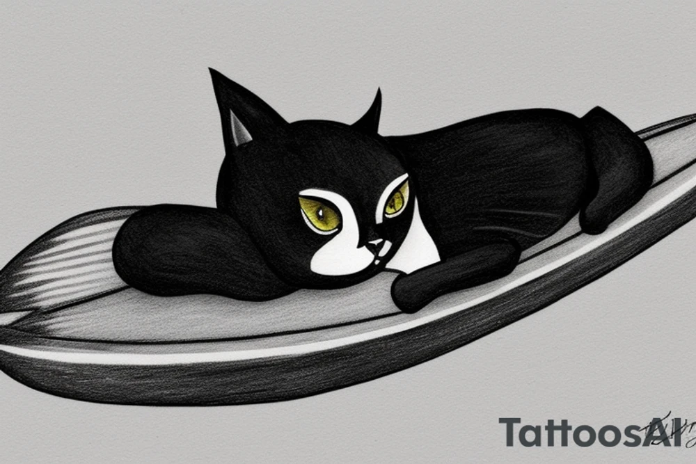 a tuxedo cat loafing on a surfboard with a calm expression, while the waves crash around him tattoo idea