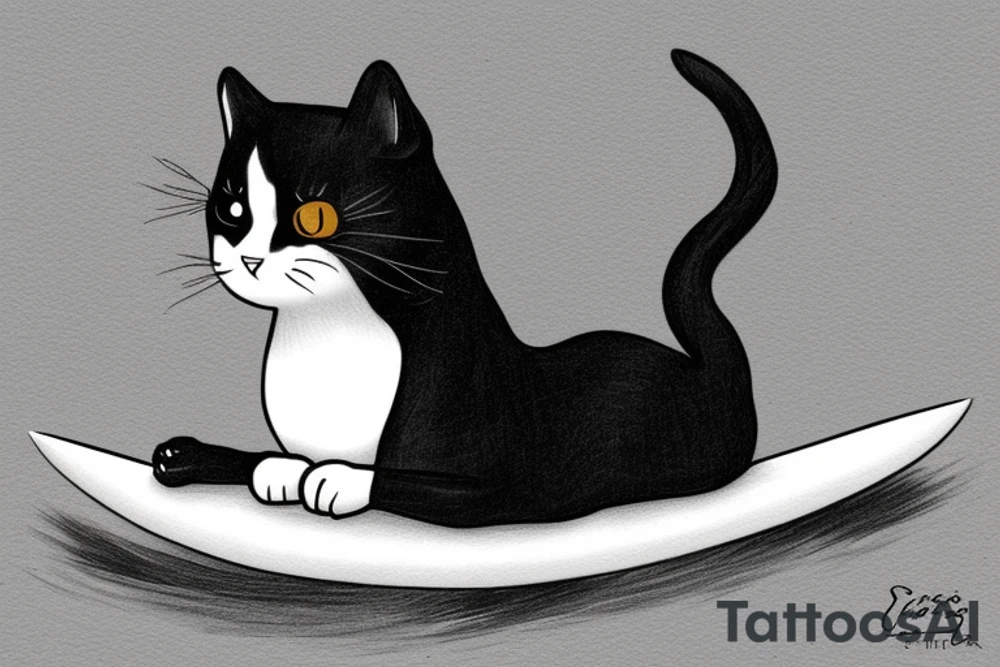a tuxedo cat loafing on a surfboard with a calm expression, while the waves crash around him tattoo idea