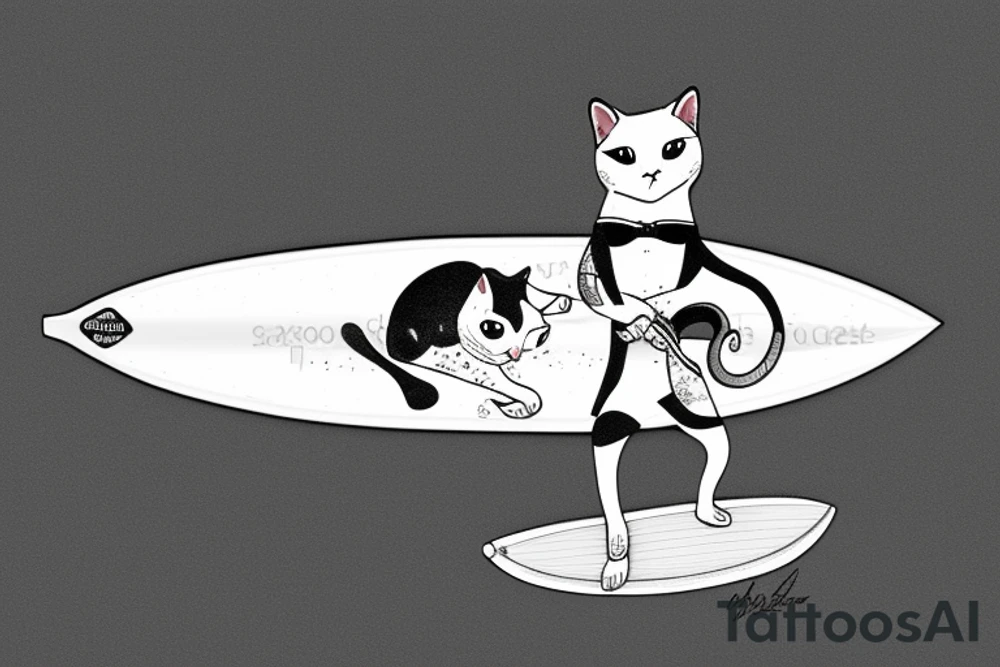 a tuxedo cat loafing on a surfboard with a calm expression, while the waves crash around him tattoo idea