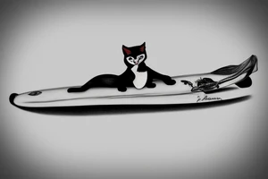 a tuxedo cat loafing on a surfboard with a calm expression, while the waves crash around him tattoo idea