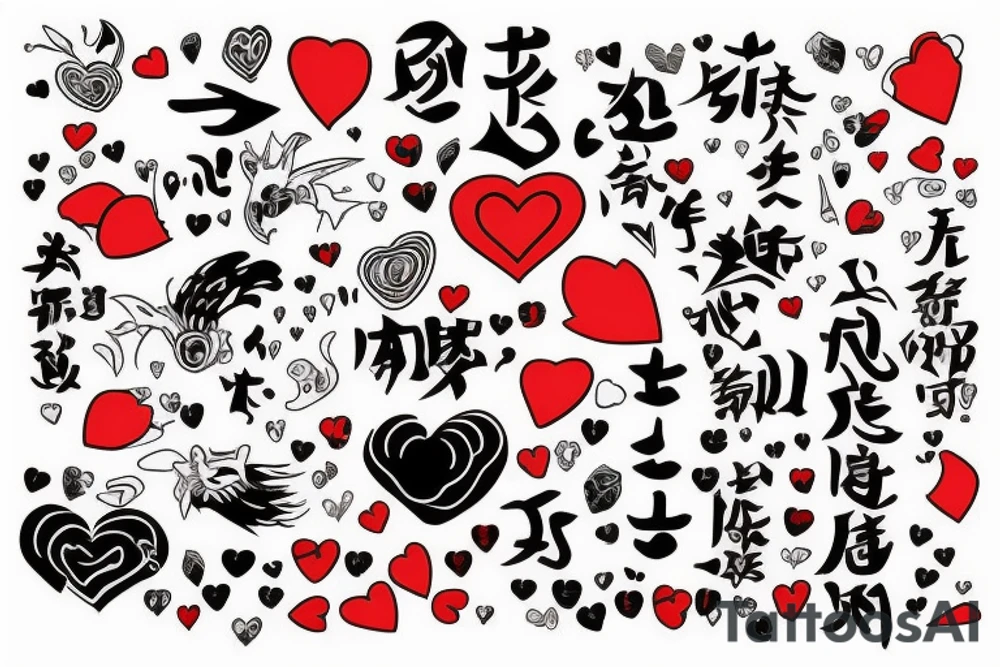 one point tattoo
big red heart with text which is "Takashi's Possession" tattoo idea