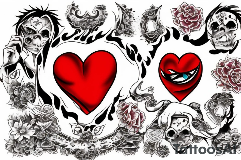 one point tattoo
tammy
big red heart with text which is "Takashi's Possession" tattoo idea