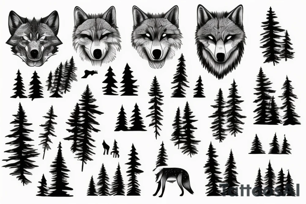 Pine tree and mountains with wolf face peering through tattoo idea