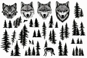 Pine tree and mountains with wolf face peering through tattoo idea