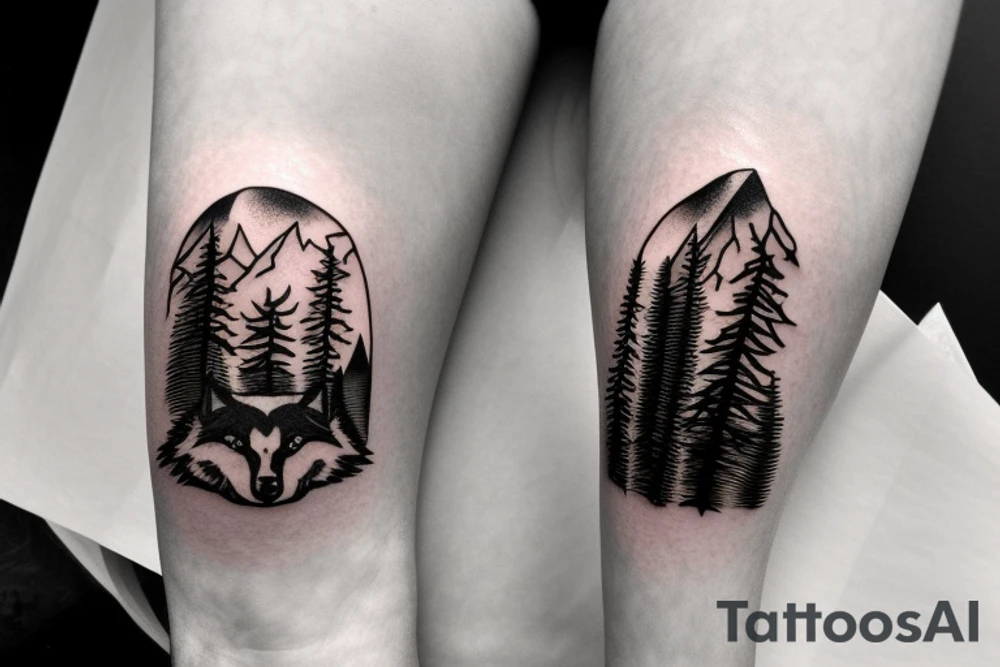 Pine tree and mountains with wolf face peering through tattoo idea