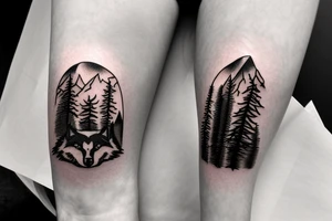 Pine tree and mountains with wolf face peering through tattoo idea