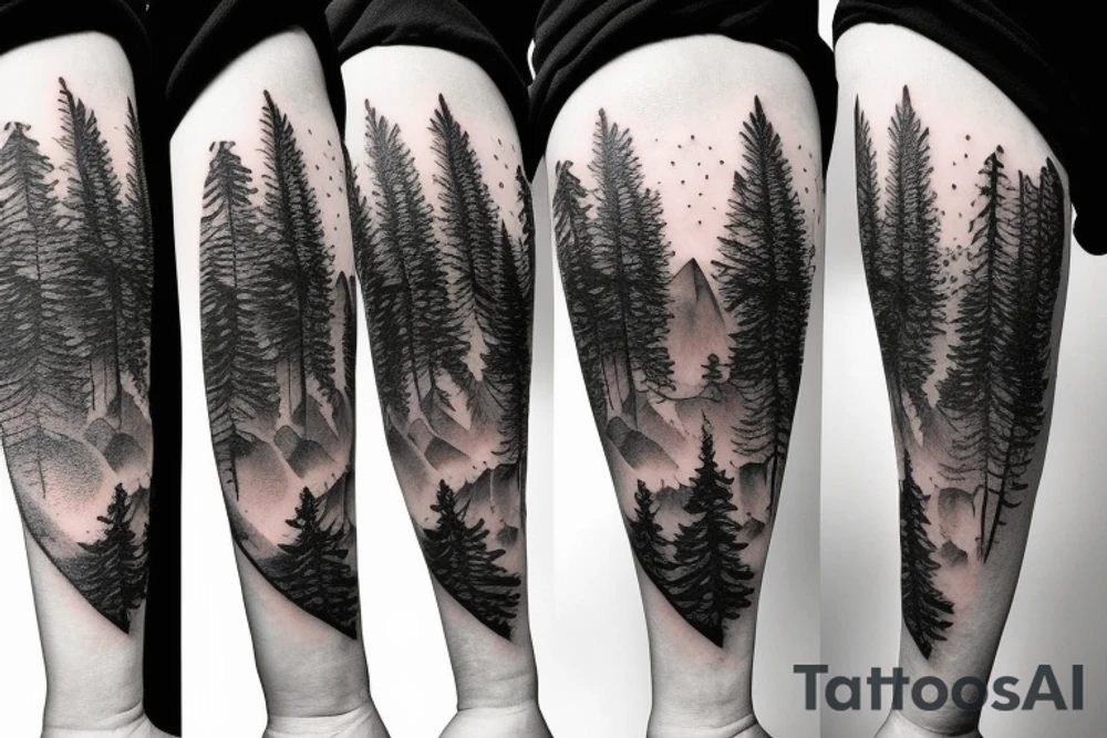 Pine tree and mountains with wolf face peering through tattoo idea