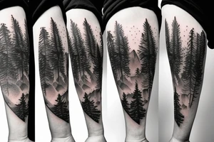Pine tree and mountains with wolf face peering through tattoo idea