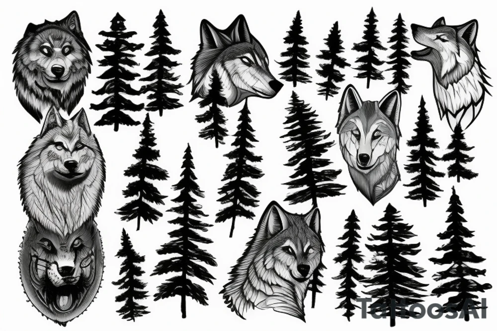 Pine tree and mountains with wolf face peering through tattoo idea
