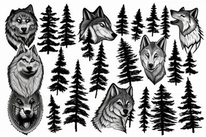 Pine tree and mountains with wolf face peering through tattoo idea