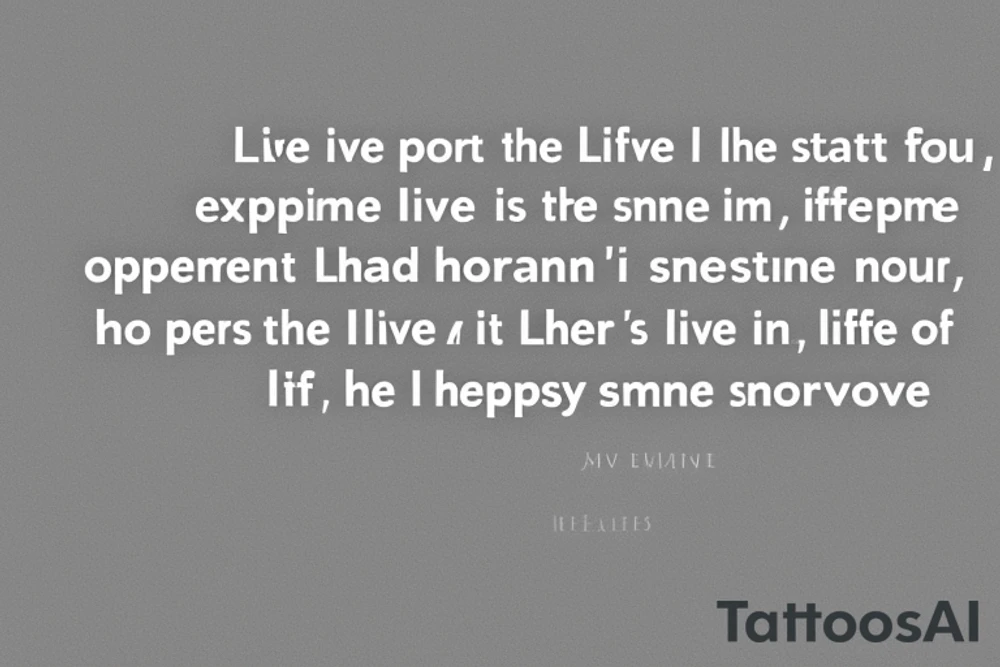 Live in the moment, love life
This short, inspirational phrase reminds you to enjoy life to the fullest and to be present in the here and now. It's a reminder that happiness and fulfillment are often found in life's small moments. This text is well-suited for a small tattoo on your arm and can serve as a constant reminder to appreciate life. Of course, it's important to take ample time to reflect on your choice and ensure that this text truly resonates with you. tattoo idea