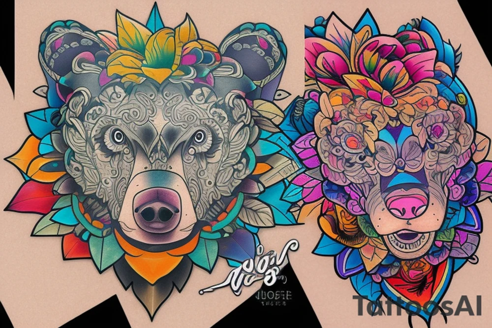 bear head colorful tattoo idea
