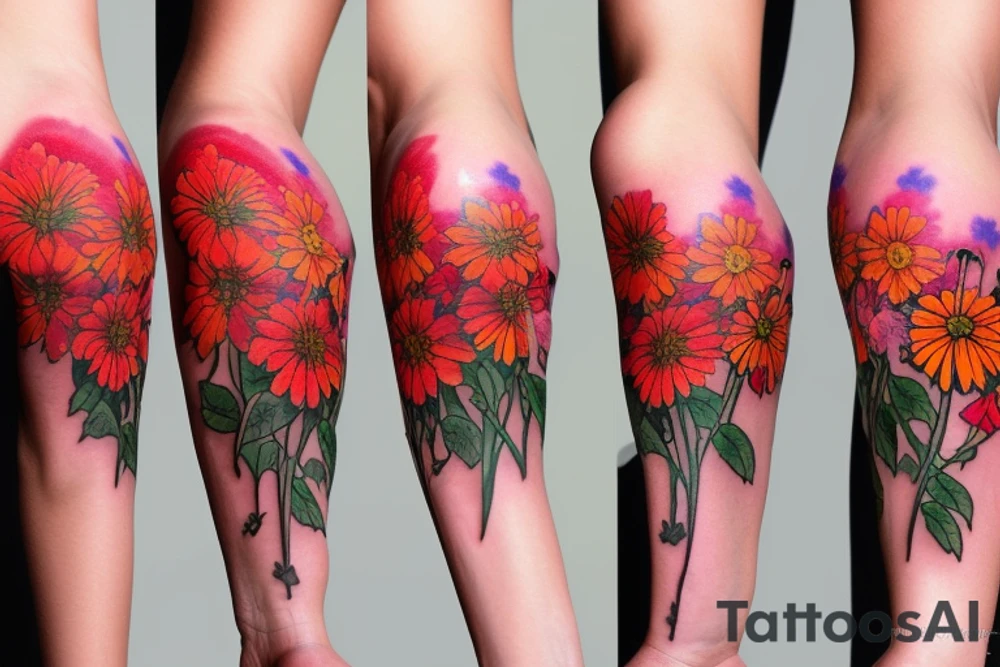half sleeve tattoo of cherry blossoms, poppies, and black eyed susans tattoo idea