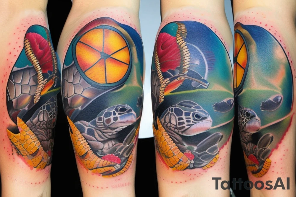 full color realistic marine turtle tattoo idea