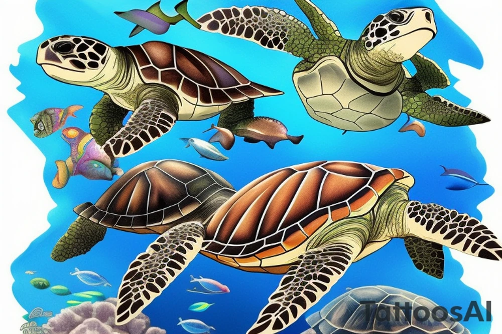 full color realistic marine turtle tattoo idea