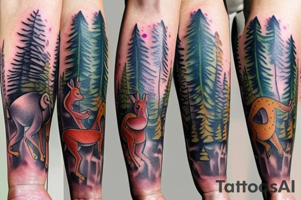 full arm tatoo full color realistic forest animals tattoo idea