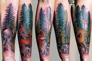 full arm tatoo full color realistic forest animals tattoo idea