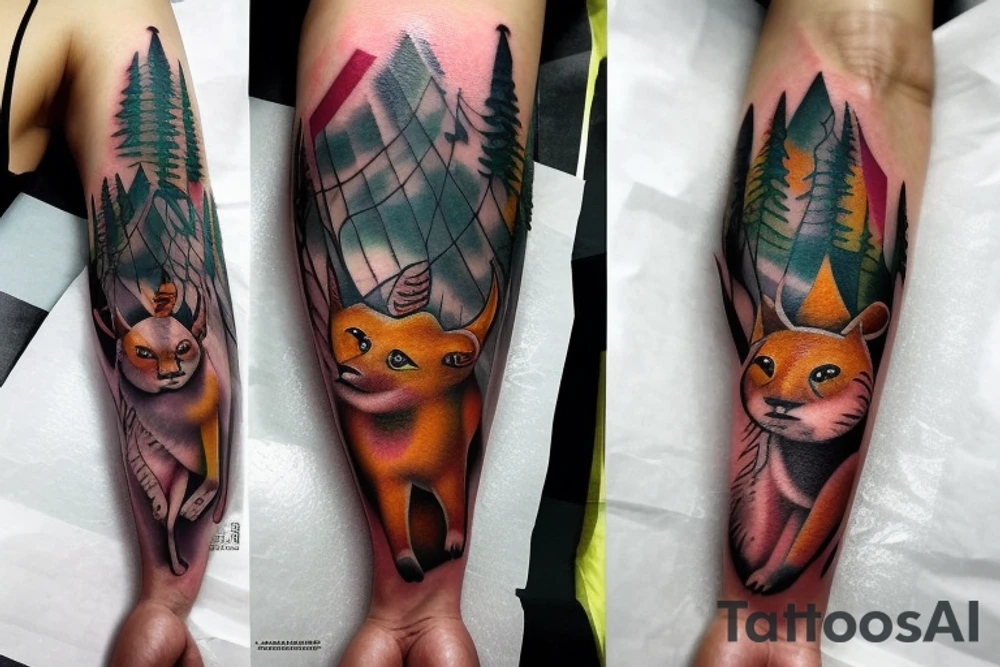 full arm tatoo full color realistic forest animals tattoo idea