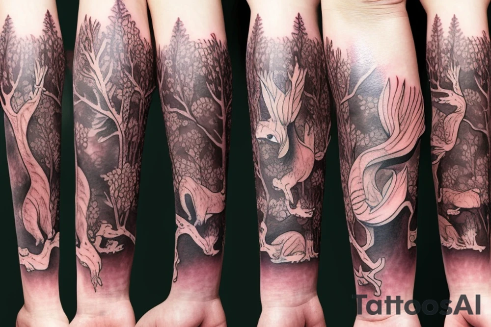 full arm tatoo full color realistic forest animals tattoo idea