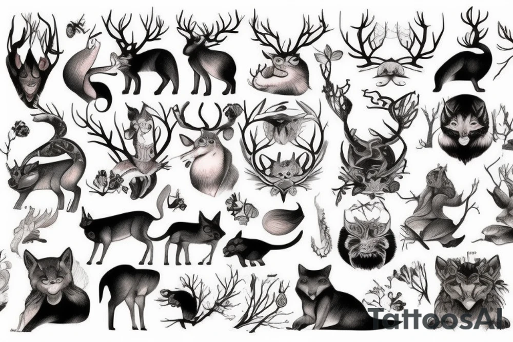 full arm tatoo full color realistic forest animals tattoo idea