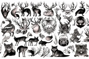 full arm tatoo full color realistic forest animals tattoo idea