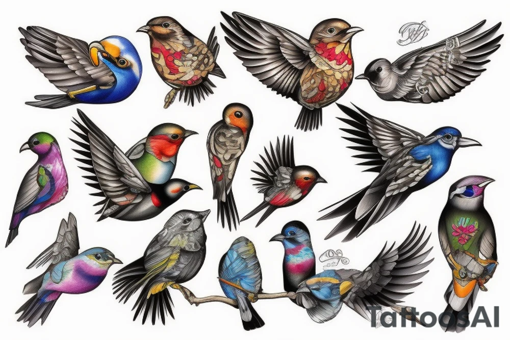 full color realistic birds tattoo idea