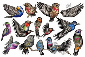 full color realistic birds tattoo idea