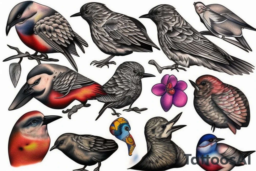 full color realistic birds tattoo idea