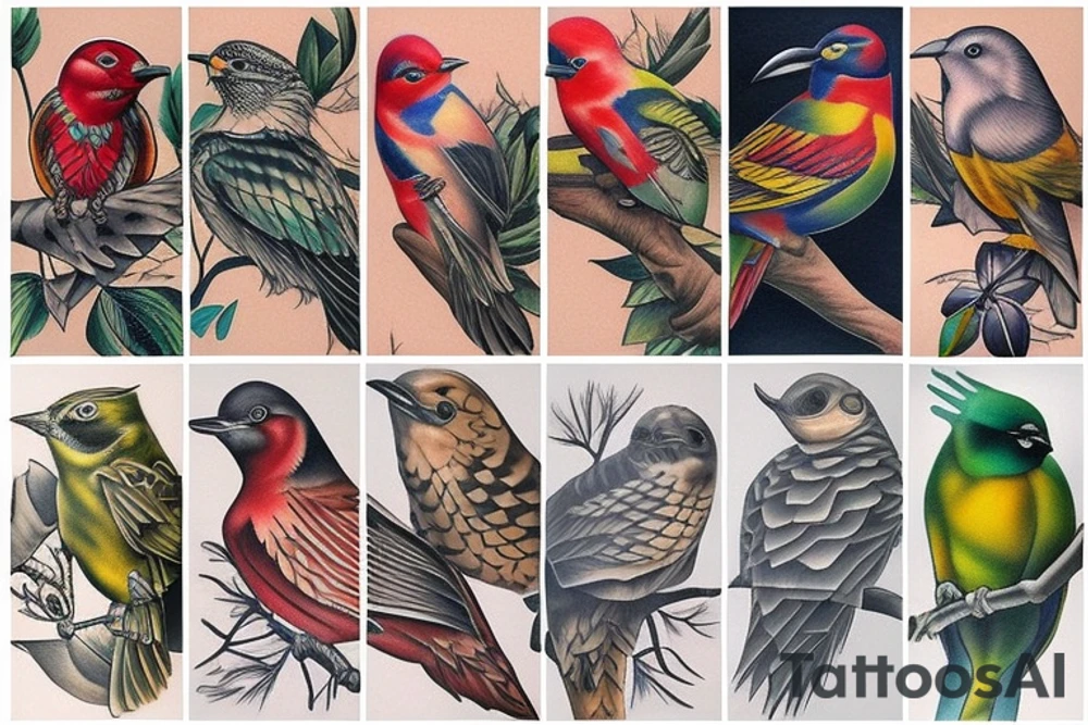 full color realistic wild birds tattoo idea