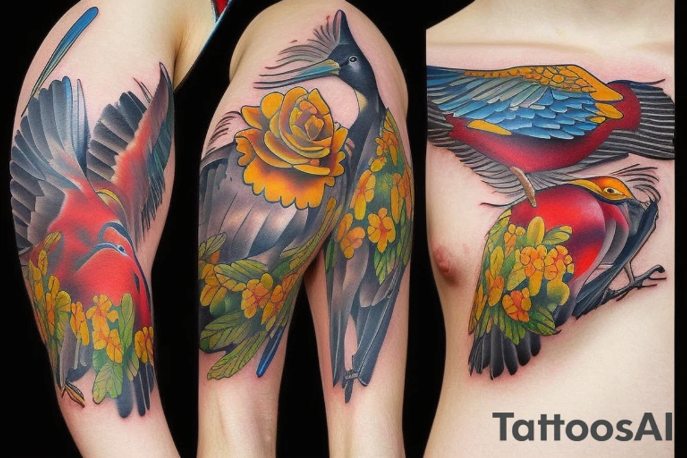 full color realistic wild birds tattoo idea