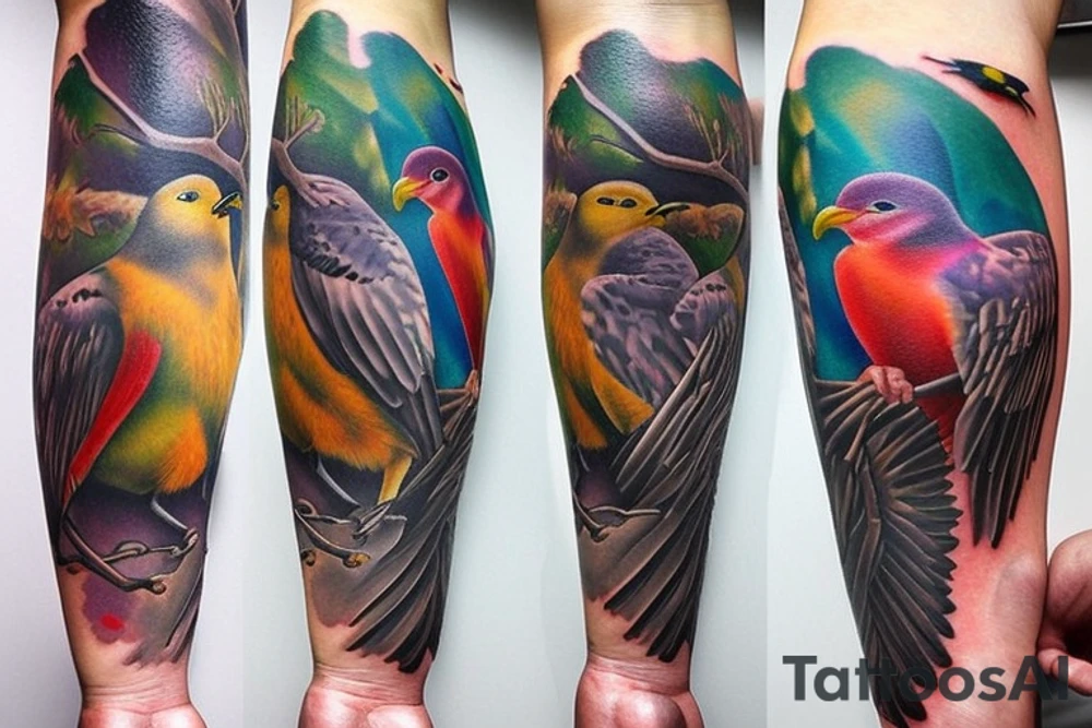 full color realistic wild birds tattoo idea
