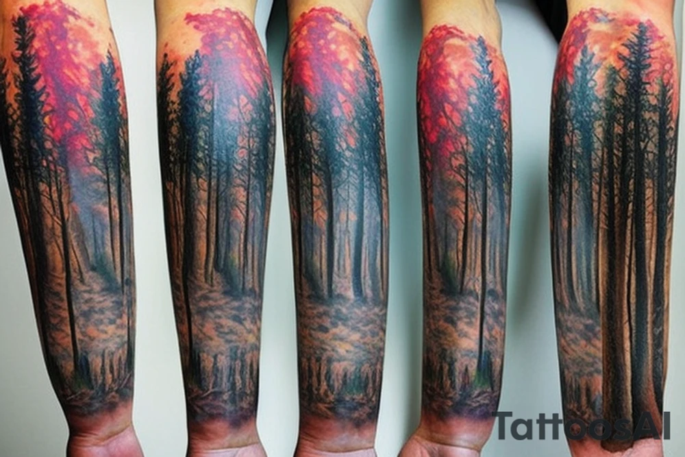 full color realistic forest tattoo idea