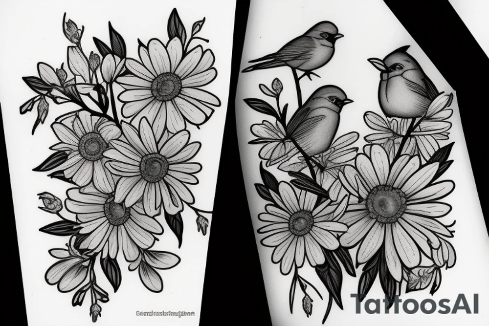 Robin and cardinal with daisies tattoo idea