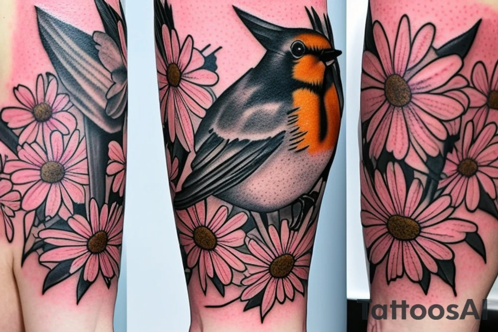 Robin and cardinal with daisies tattoo idea