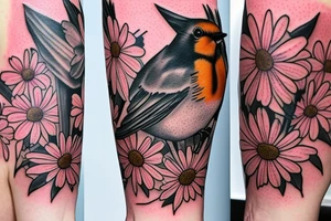 Robin and cardinal with daisies tattoo idea
