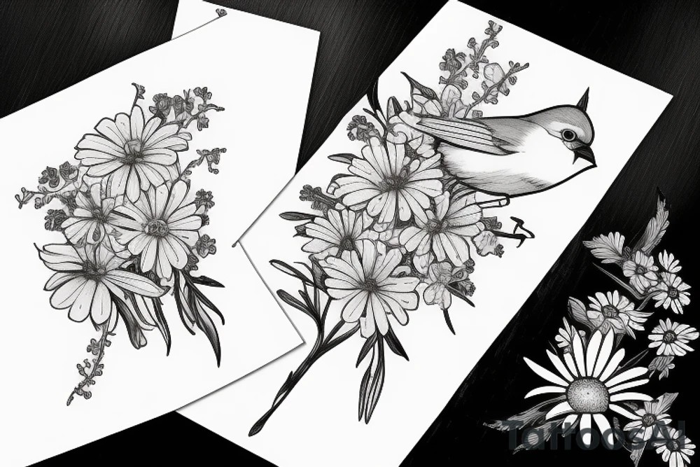 Robin and cardinal with daisies tattoo idea