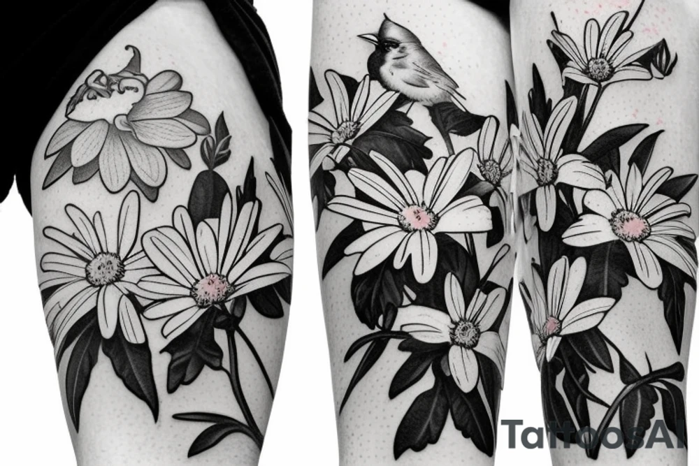 Robin and cardinal with daisies tattoo idea