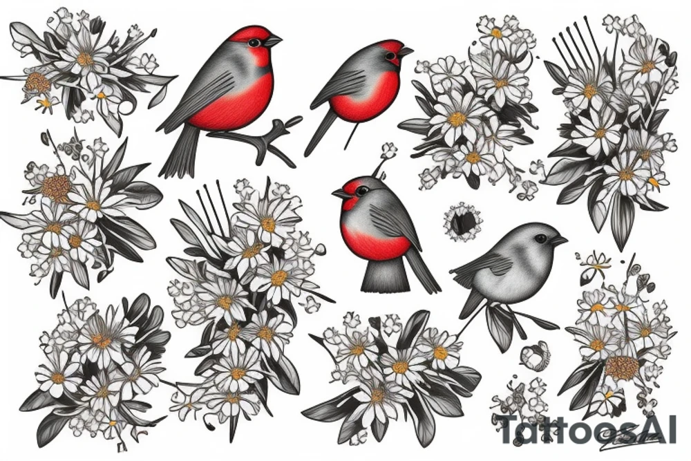 Robin and cardinal with daisies tattoo idea