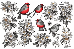 Robin and cardinal with daisies tattoo idea