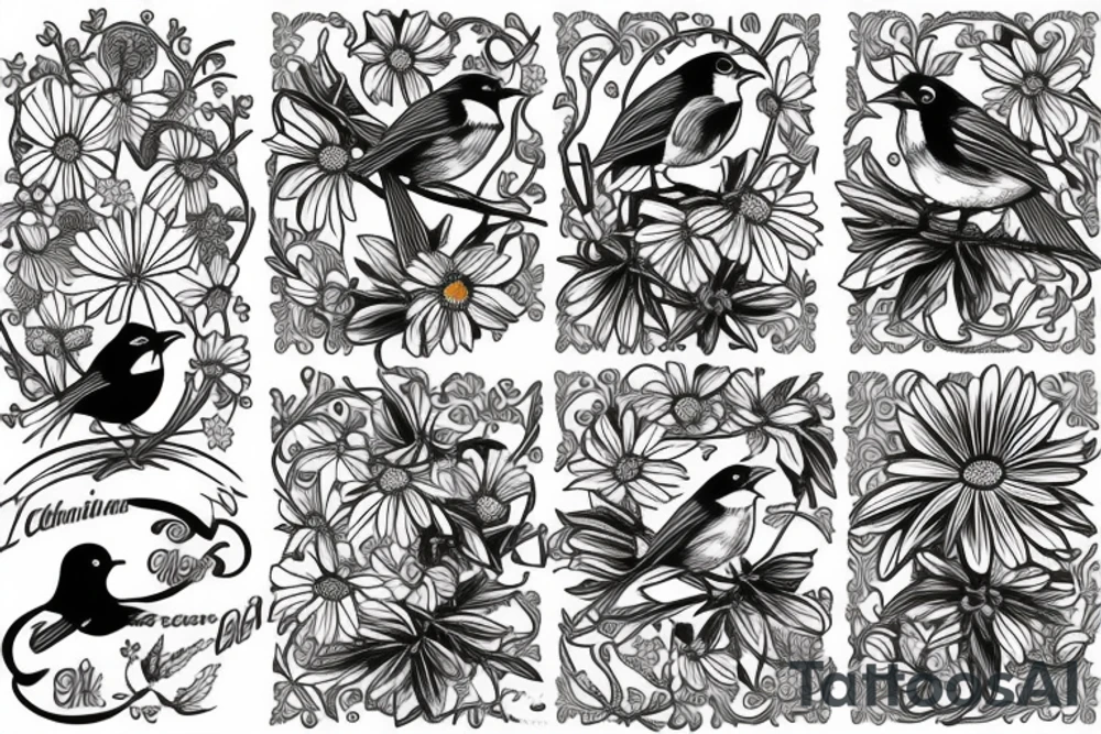 Robin and cardinal with daisies tattoo idea