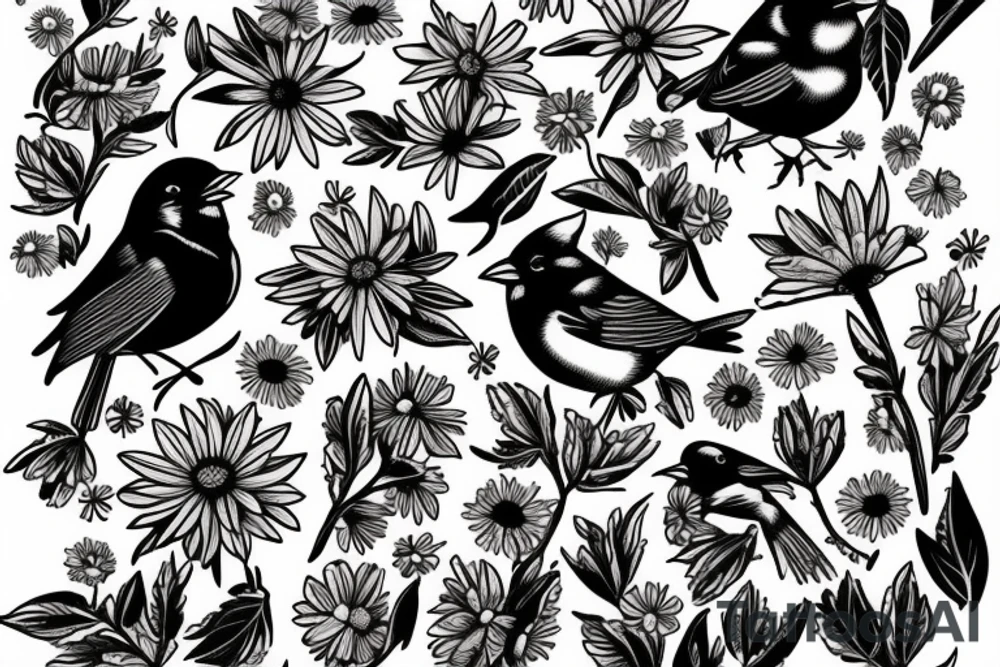 Robin and cardinal with daisies tattoo idea